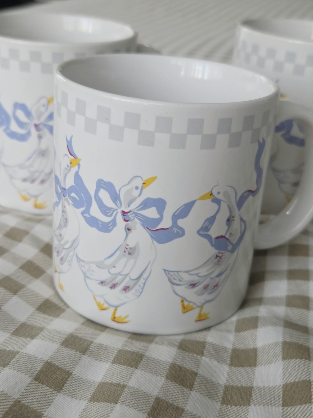 Vintage Set Of 3 Goose, Blue Ribbon, And Checkered Pattern Ceramic Mugs